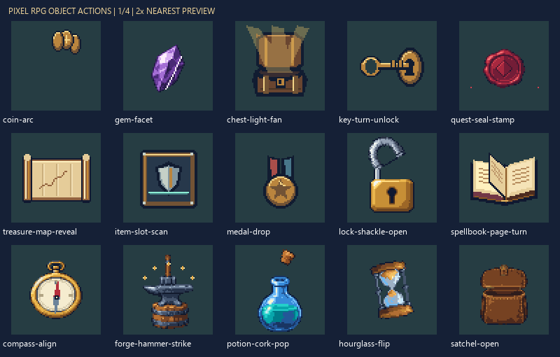 Object actions preview group 1, fifteen pixel actions