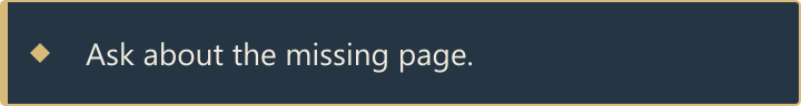 Focused choice with brass border and diamond: Ask about the missing page.