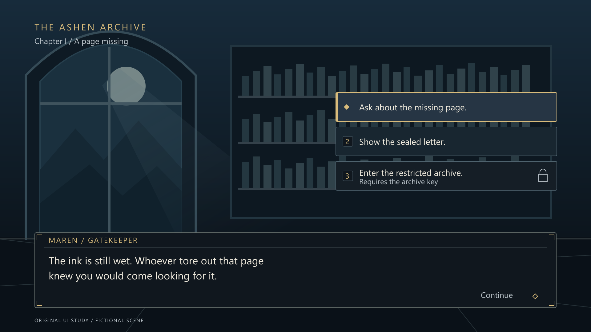 Fictional moonlit archive interface: Maren speaks in a lower dialogue panel, with a focused question, a normal choice and a locked archive choice above.
